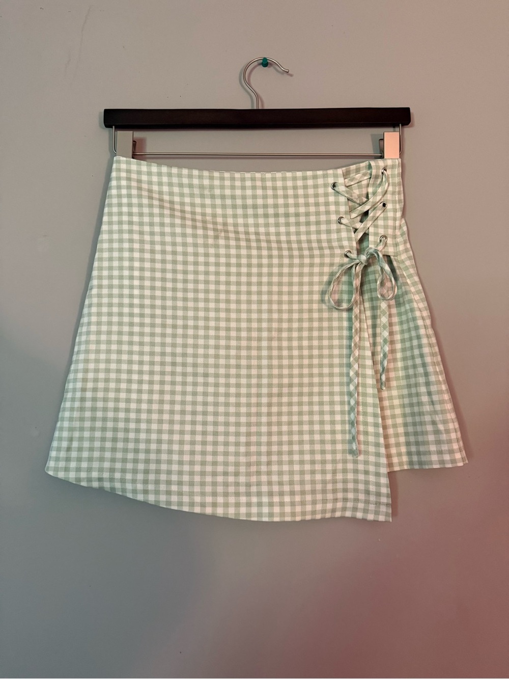 SHEIN Mint Gingham Lace-Up Mini Skirt